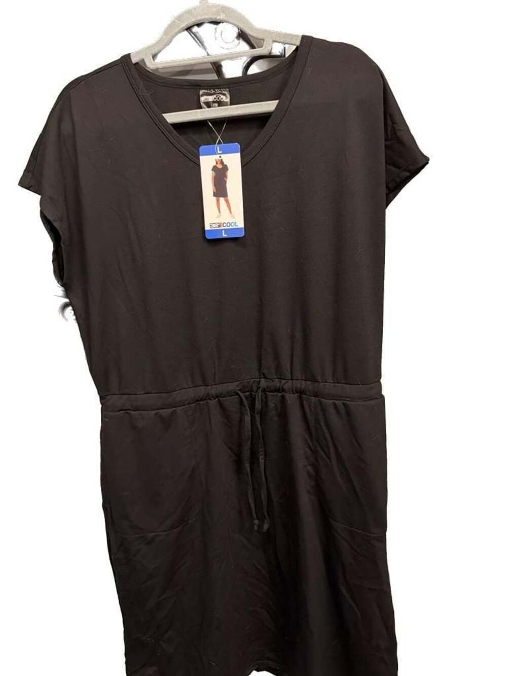 32 Degrees Cool Soft Lux Short Sleeve Ruched Drawstring Waist Dress Black - Picture 2 of 4